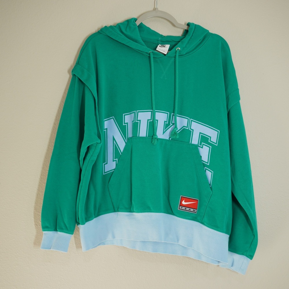 Nike Womens Size Large Green Blue Hoodie Sweatshirt Excellent Colorblock Varsity